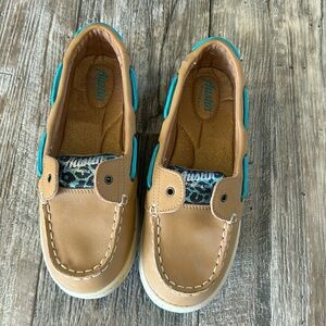 AUSTIN TRADING Company BOAT SHOES Slip On Tan TEAL LEOPARD Girls Size 5D
